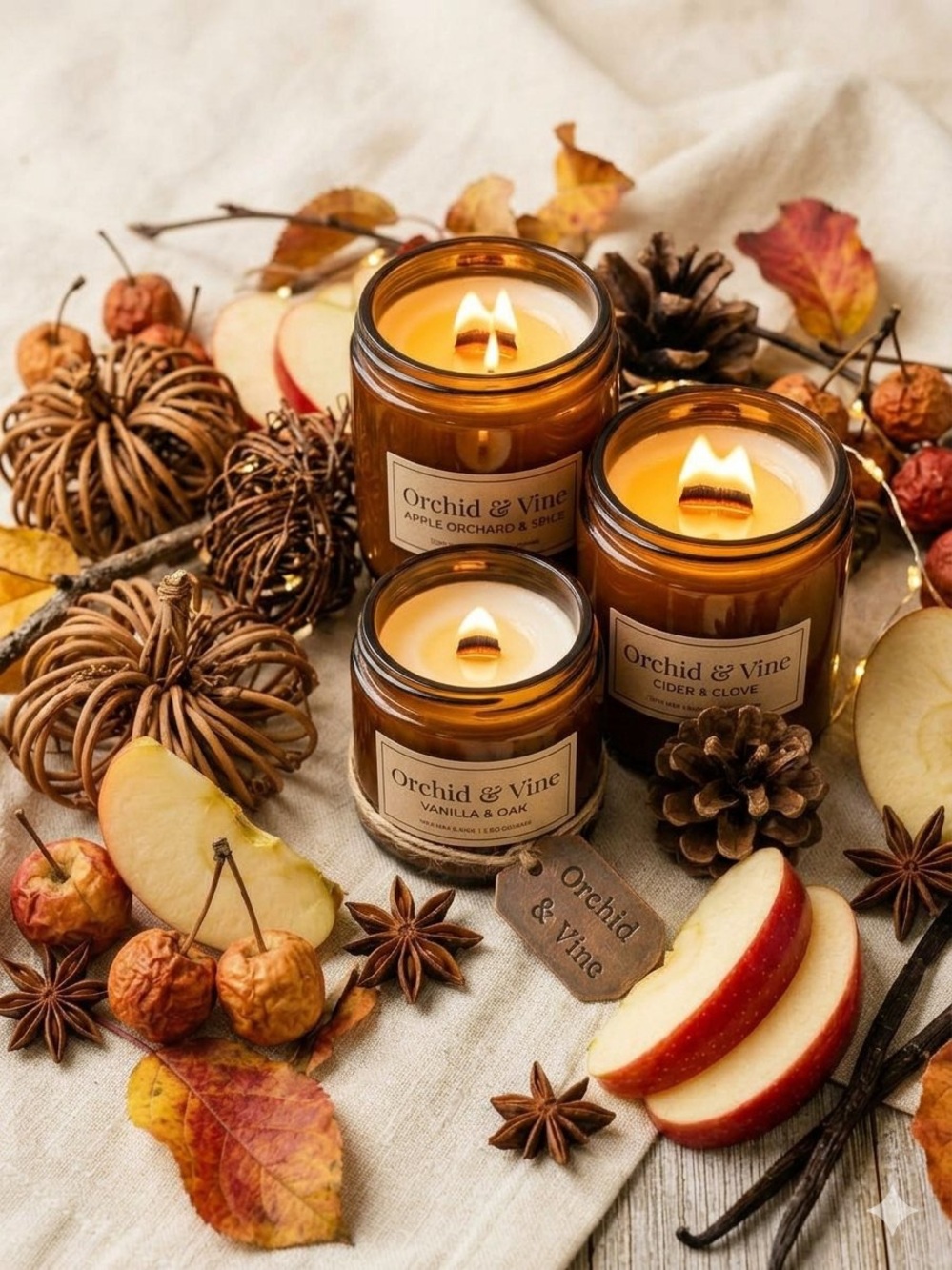 Orchid & Vine Amber Glass Scented Candle - Autumn Apple Harvest Soy Wax Handmade
